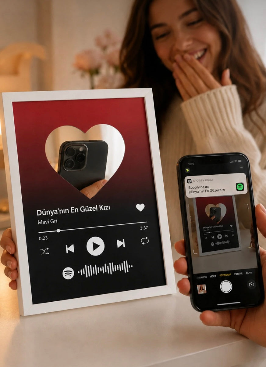 13x18 Spotify Kodlu Kalpli Makyaj Aynası Beyaz Çerçeve