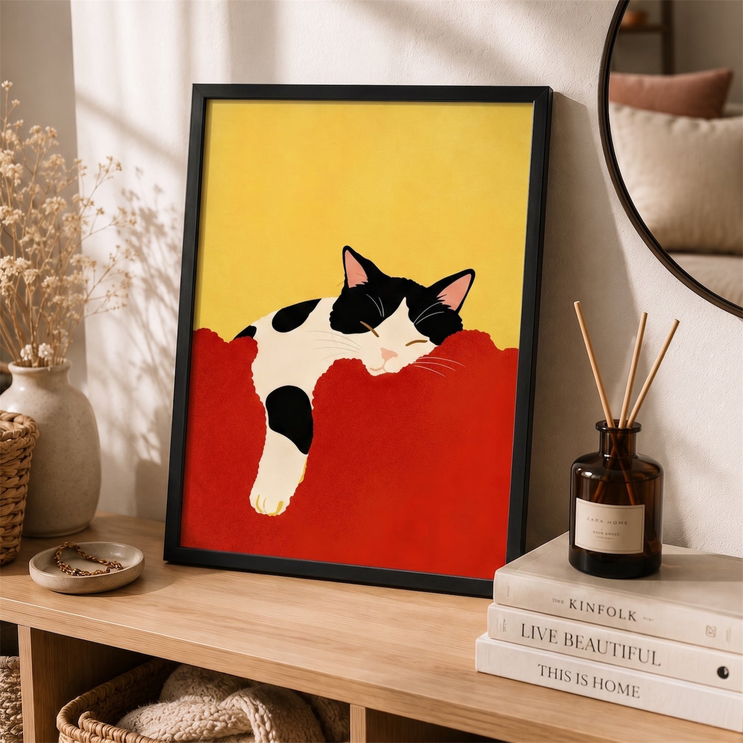 Sevimli Uyuyan Kedi Tasarımlı Çerçeve Tablo