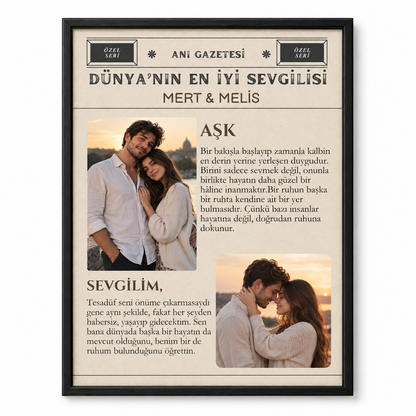Sevgililere Özel Anı Gazetesi Çerçeve Tablo