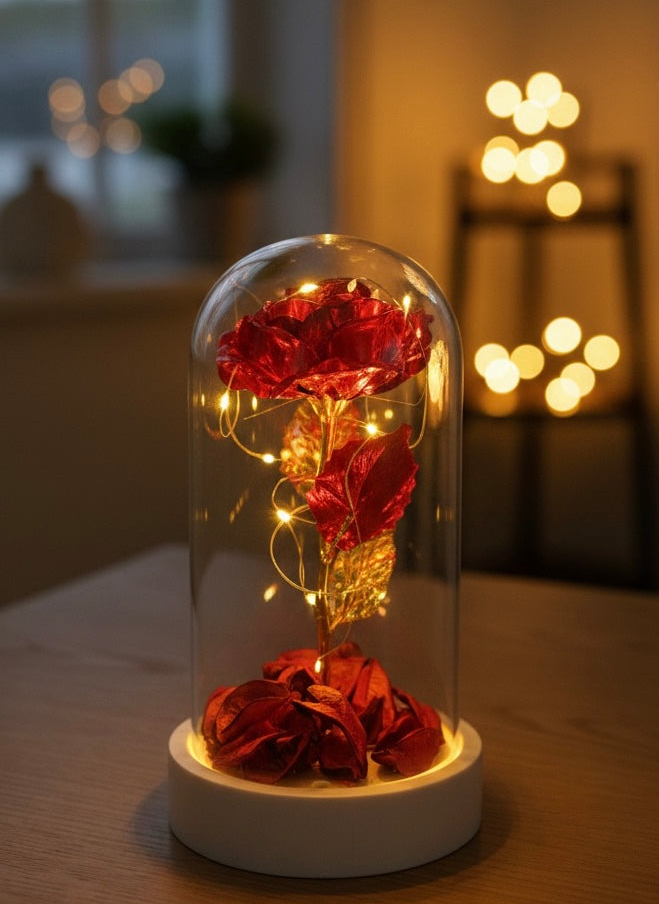 Işıklı Kırmızı Fanus Gül