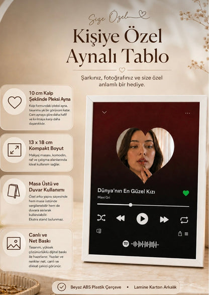 13x18 Spotify Kodlu Kalpli Makyaj Aynası Beyaz Çerçeve