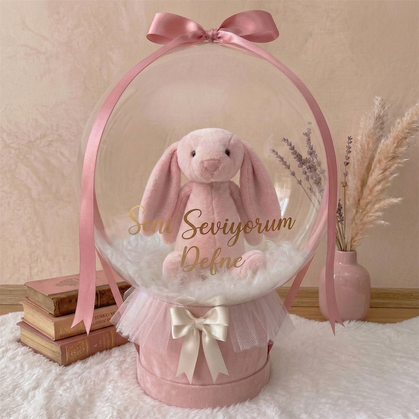 Kişiselleştirilebilir Peluş Pembe Tavşanlı Balon Kutusu