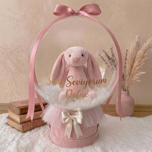 Kişiselleştirilebilir Peluş Pembe Tavşanlı Balon Kutusu